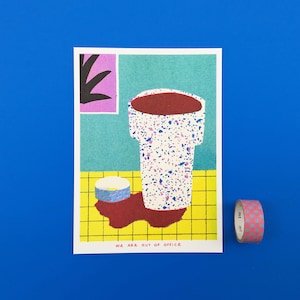 A risograph print of a still life with one of our favourite cups