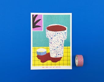 A risograph print of a still life with one of our favourite cups