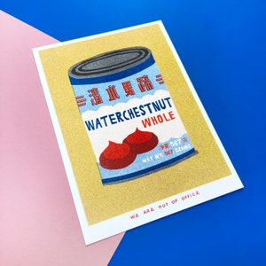 A risograph print of can water chestnuts