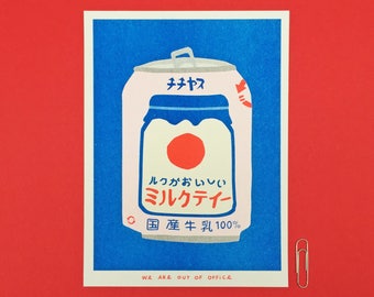 A risograph print of a japanese can of milky tea from a vending machine