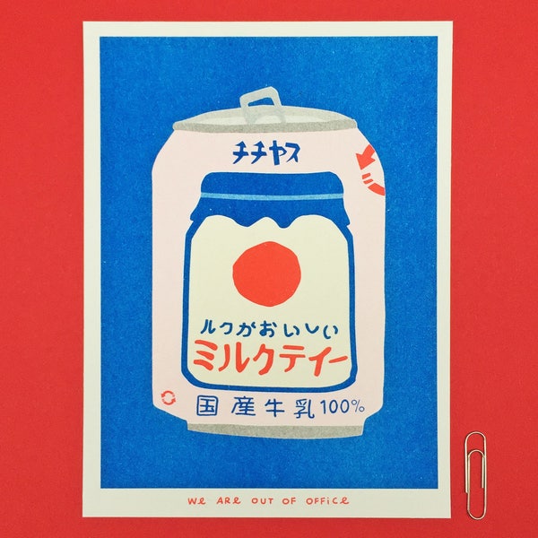 A risograph print of a Japanese can of milky tea from a vending machine