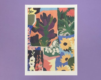 May include: A colourful abstract art print featuring a variety of flowers in shades of pink, purple, yellow, orange, and green. The flowers are arranged in a patchwork pattern, creating a vibrant and eye-catching design.