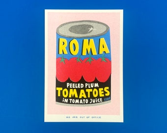 Une impression en risographie d'une boîte de tomates italiennes Roma