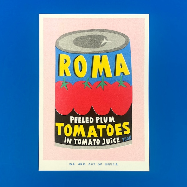 A risograph print of a can Roma plum tomatoes