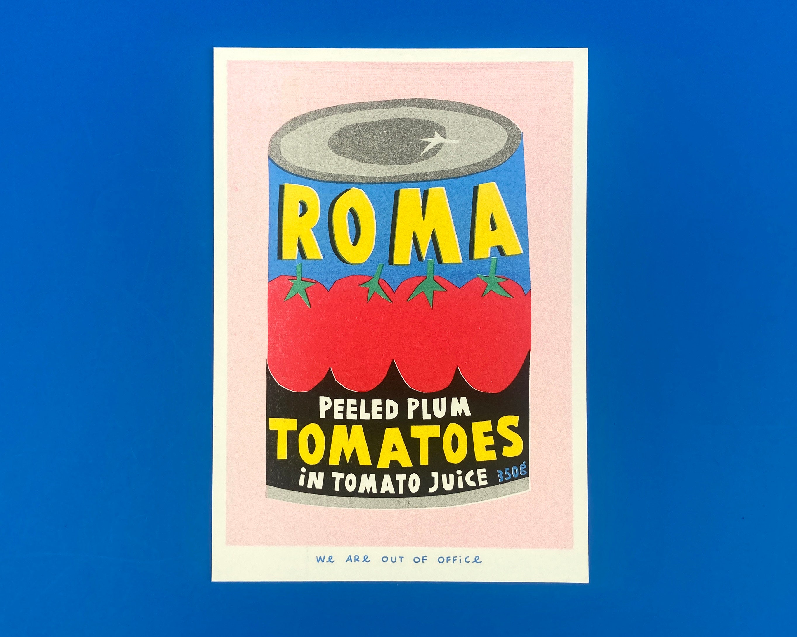 A risograph print of a can Roma plum tomatoes