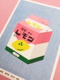 A risograph print of a box of lemon milk product logo