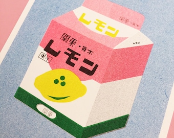 A risograph print of a box of lemon milk