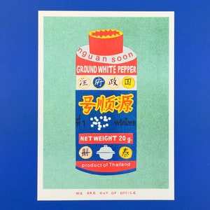 A risograph print of a can of ground white pepper