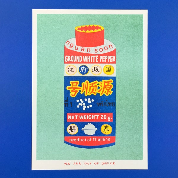 A risograph print of a can of ground white pepper