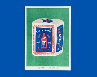 A risograph print of a package of Indonesian jasmine tea