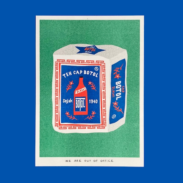 A risograph print of a package of Indonesian jasmine tea
