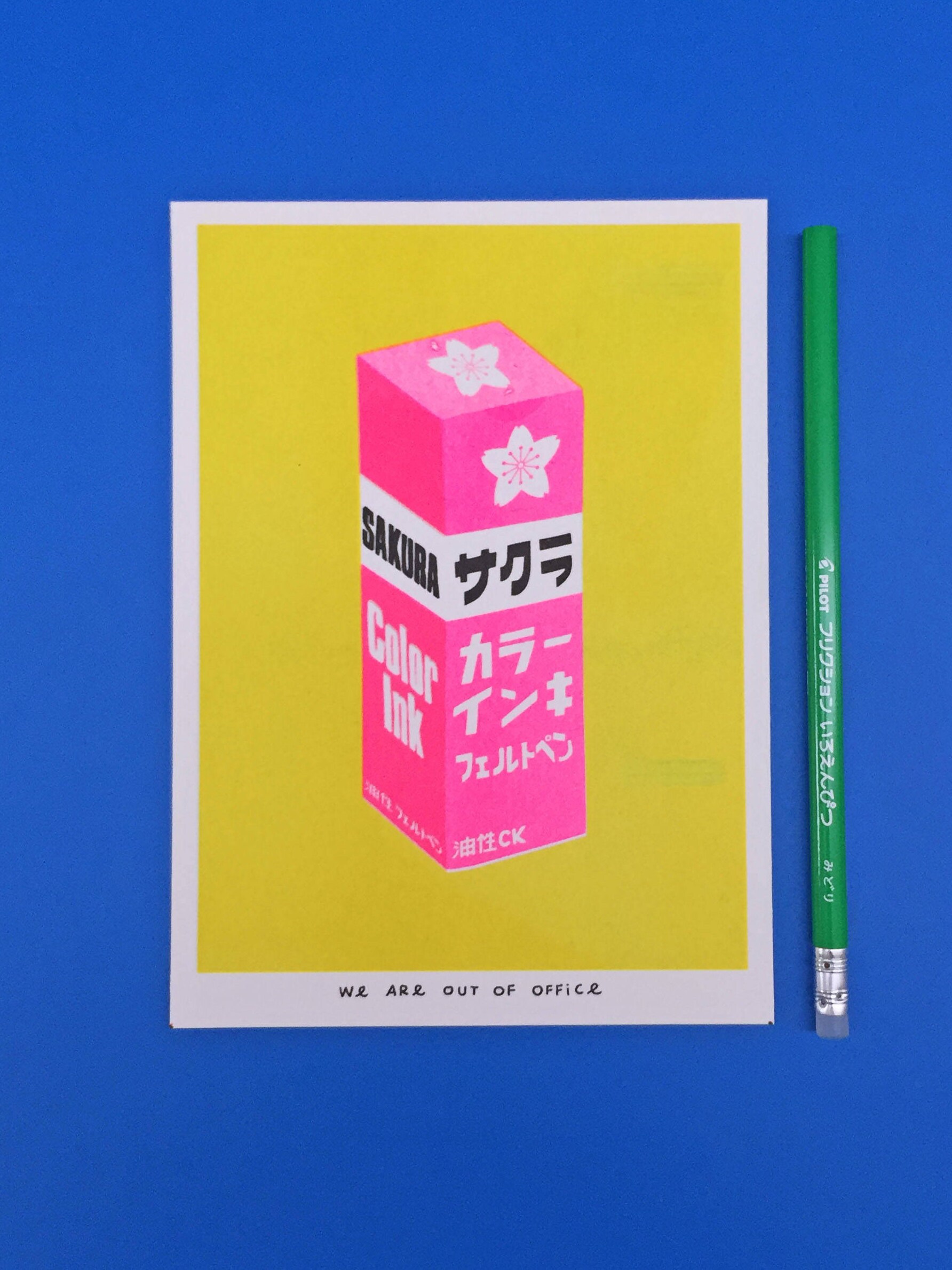 A Risograph Print of a Very Bright Japanese Package of Pink Sakura