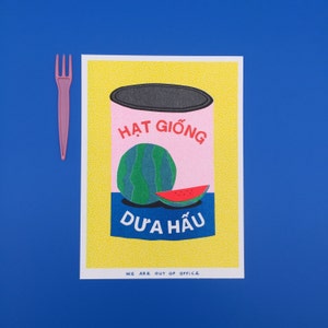 A risograph print of a colorful can full of watermelon seeds