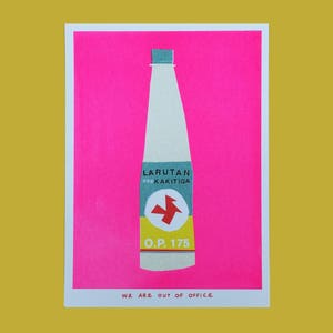 A very pink risograph print of a Indonesian bottle kakitiga