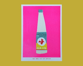 A very pink risograph print of a Indonesian bottle kakitiga