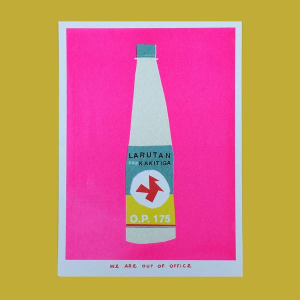 A very pink risograph print of an Indonesian bottle kakitiga