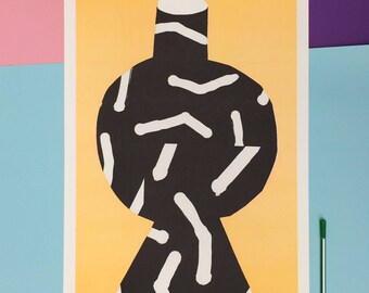 A A2 riso print of a huge oversized black pattern vase