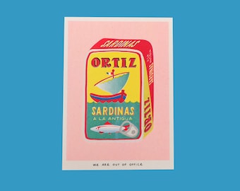 A risograph print of a can full of sardinas