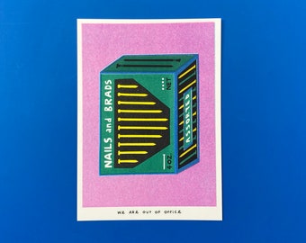 A risograph print of a package with nails and brads