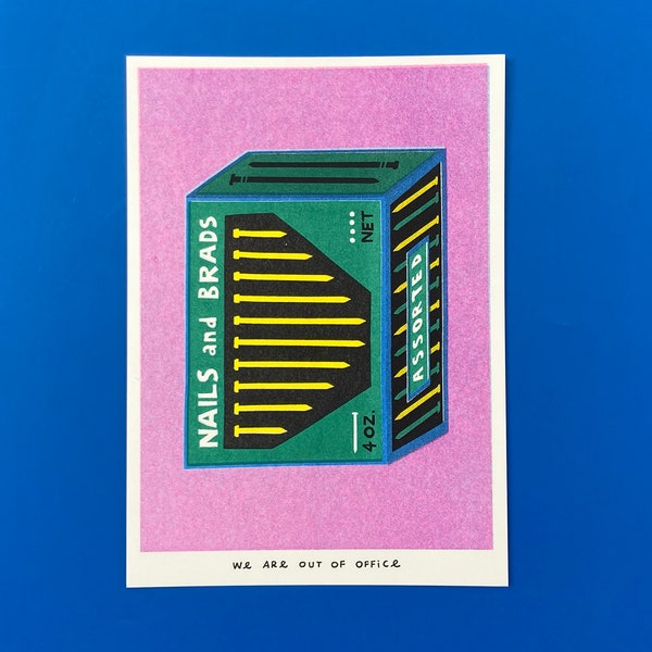 A risograph print of a package with nails and brads