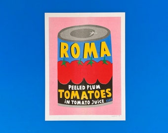 A 30x40 cm risograph print of a can Roma plum tomatoes