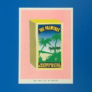 A risograph print of a palmtree matchbox