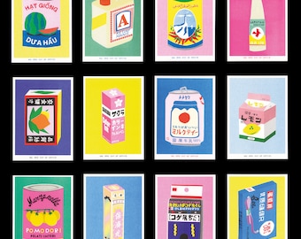 Combined shipping for 7,8,9 or 10 Riso prints of packaging from all over the world