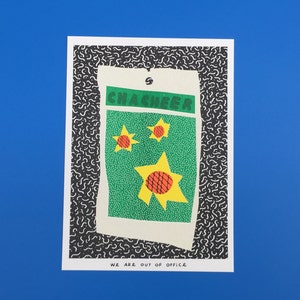 A risograph print of a colorful bag of cha cheer sunflower seeds