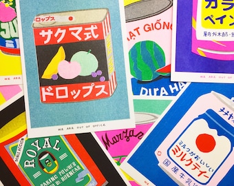 Combined shipping for 2,3,4,5 or 6 Riso prints of packaging from all over the world