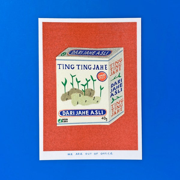 A risograph print a box of ting ting jahe candy