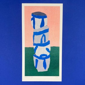 A limited edition risograph print of a gouache painting of a stack minibowls (15X29 cm)