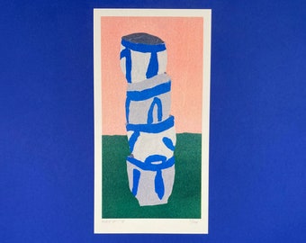 A risograph print of a gouache painting of a stack minibowls