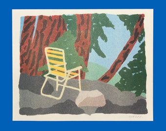 A risograph print of a gouache painting of yellow chair