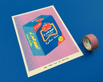 A risograph print of a box of sugarcane tea