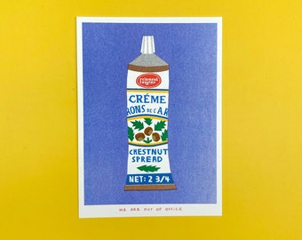 A risograph print of a tube of chestnut spread