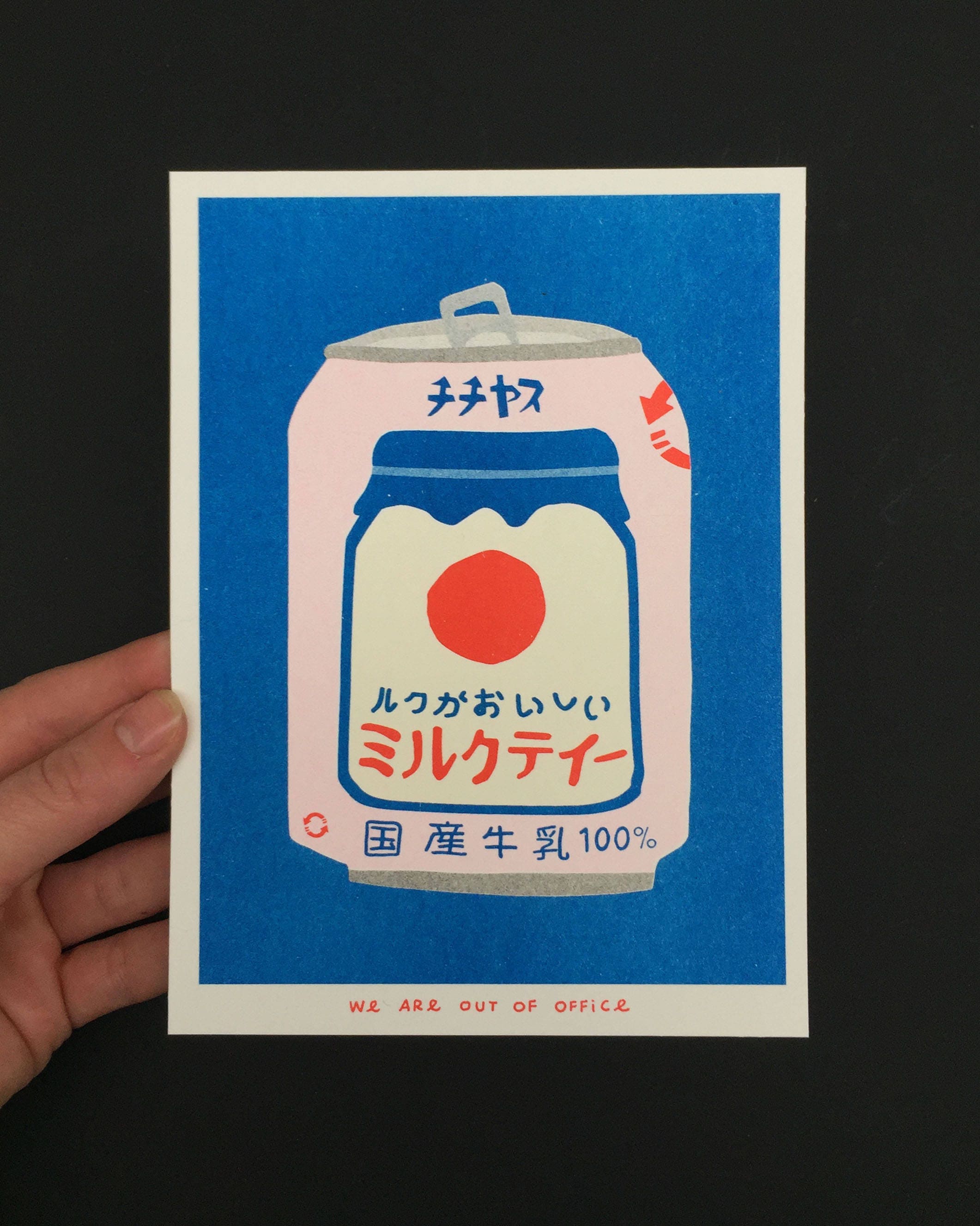 A Risograph Print of a Japanese Can of Milky Tea From a Vending
