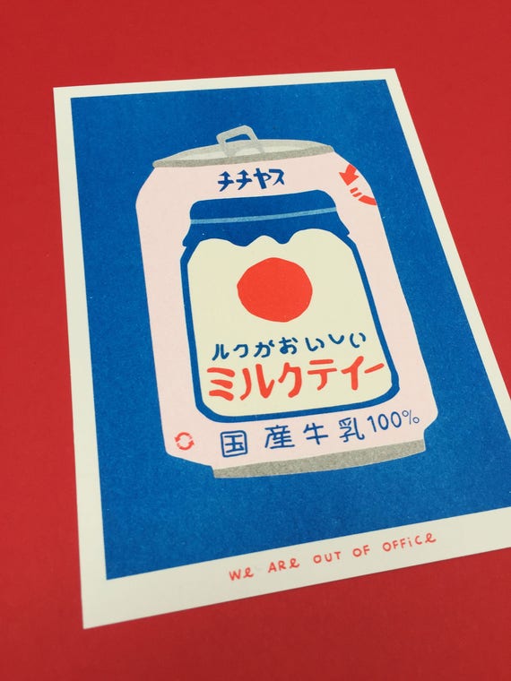 A Risograph Print of a Japanese Can of Milky Tea From a Vending