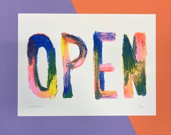 A 30 X 40 cm riso print of an Open sign