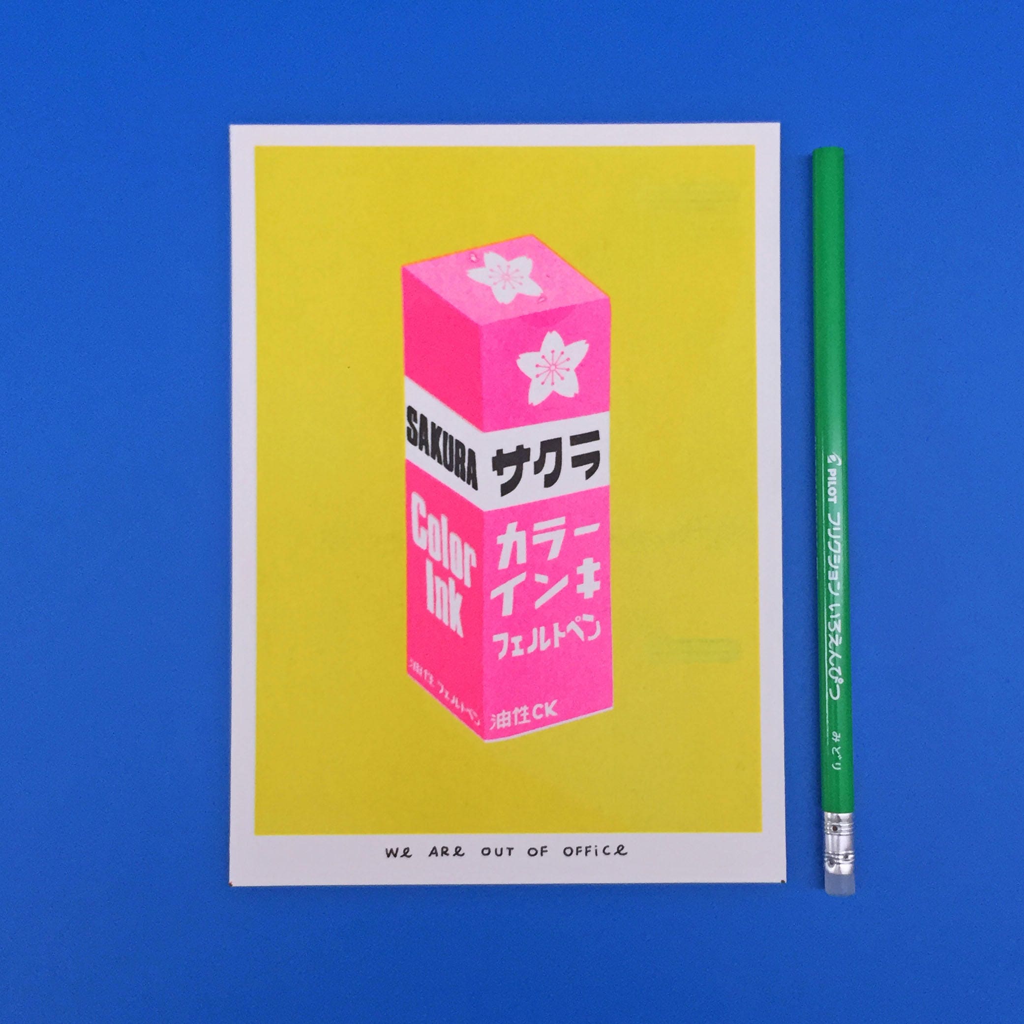 A Risograph Print of a Very Bright Japanese Package of Pink Sakura
