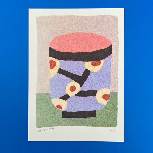 A risograph print of a painted cup