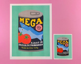 30X40 cm A risograph print of can of mega sardines