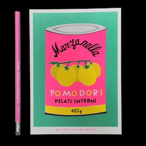 A risograph print of a can of pomodori