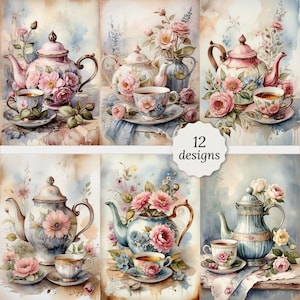 Puede incluir: Doce ilustraciones de acuarela de tazas de té y teteras con diseños florales. Cada ilustración presenta un arreglo floral diferente, que incluye rosas rosadas, flores azules y flores blancas. Las tazas de té y las teteras están pintadas en un estilo delicado con detalles dorados.