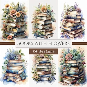 Könnte beinhalten: Eine Sammlung von 24 Aquarell-Illustrationen mit Stapeln von Vintage-Büchern, die mit bunten Blumen verziert sind. Die Illustrationen sind perfekt, um jedem Projekt einen Hauch von Verspieltheit und Charme zu verleihen.