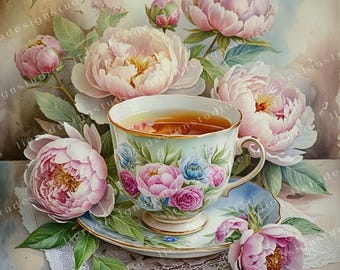 Vintage tea cup with peonies Clipart Bundle, Shabby chic peonies Junk Journals, 10 High Quality Watercolor JPGs, Decoupage, Scrapbook