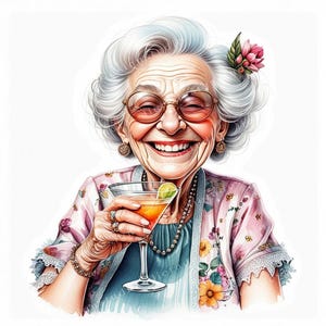 12 grappige oude dame met een cocktail clipart, oude dame clipart, cocktail afdrukbare, hoogwaardige JPG's, Papercraft, Junk Journal, Cardmaking