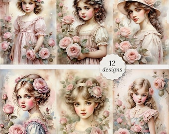 Vintage girl junk journal pages bundle, Vintage Shabby chic girl Cards, Vintage Decoupage, Scrapbook, 12 High Quality Watercolor JPGs A4