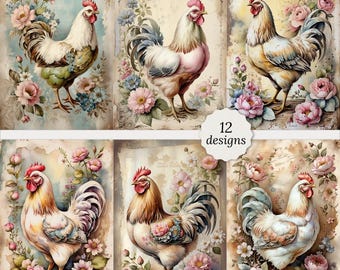 Shabby chic vintage chicken junk journal pages bundle, Shabby chic Vintage chicken Cards, Decoupage, Scrapbook, 12 High Quality Watercolor