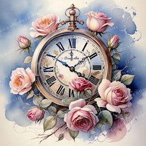 Vintage shabby chic clock with roses Clipart Bundle, Vintage clock Junk Journals, 10 High Quality Watercolor JPGs, Decoupage, Scrapbook