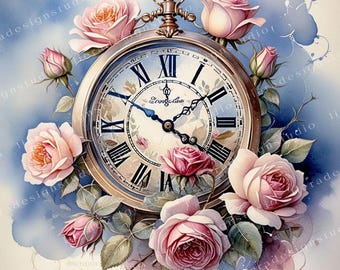 Vintage shabby chic clock with roses Clipart Bundle, Vintage clock Junk Journals, 10 High Quality Watercolor JPGs, Decoupage, Scrapbook